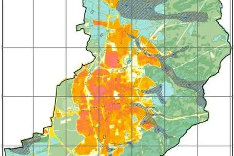 Klimafunktionskarte Darmstadt mit überwärmten Bereiche  (rot dargestellt).