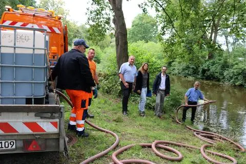 Einsatz an der Horlache: (von rechts) Uwe Nimmrichter (Geschäftsführer von BluePlanet), Stadtrat Nils Kraft, Kathrin Haase (Ingenieurbüro BGS Wasserwirtschaft) und Gewässerschutzbeauftragter Günter Hentrich.