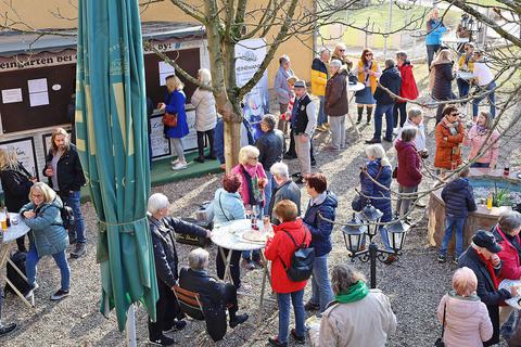 Viele Besucher nutzten am Sonntag das Angebot im Weingarten der Turngemeinde Rüsselsheim, mit dem ein Hilfsprojekt für die Ukraine unterstützt wird. Foto: Susanne Rapp