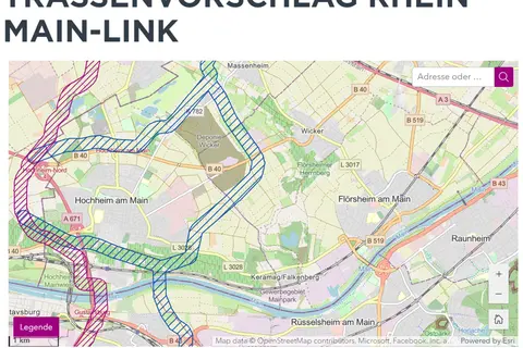 Der Trassenvorschlag für Rhein-Main-Link bei Flörsheim und Hochheim. Der Trassenvorschlagskorridor (magenta) westliche von Hochheim stellt derzeit den von Übertragungsnetzbetreiber Amprion bevorzugte Variante dar. Ein alternativer Korridor (blau) könnte durch Wickerer Gemarkung verlaufen.