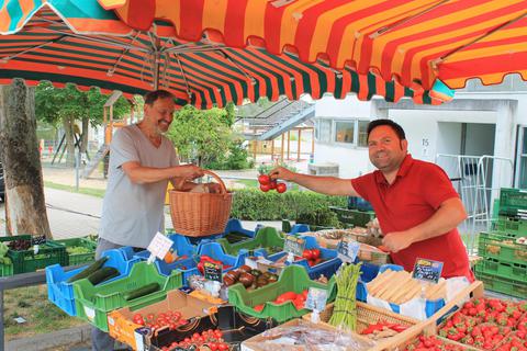 Reinhold Pipirs (links) gehört zu den Stammkunden des Massenheimer Wochenmarktes, regelmäßig kauft er Obst und Gemüse am Stand von Gennaro Locantore (rechts). Foto: Alexander Noé
