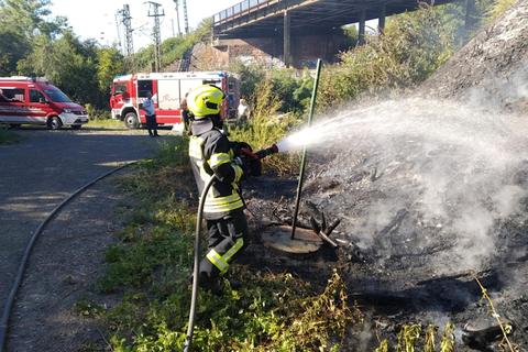 An der Böschung am Gleisdreieck mussten die Einsatzkräfte einen Brand löschen. Foto: FW Hochheim