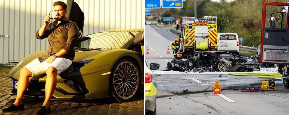 Links: Navid F., auf Instagram nennt er sich Navid Alpha, posierte vor einigen Wochen mit seinem Lamborghini auf Instagram. Rechts: Der Lamborghini nach dem tödlichen Unfall auf der A66 bei Hofheim.