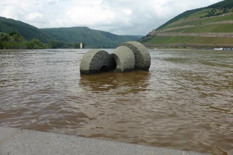 Juni-Hochwasser nach Starkregen am Rhein-Nahe-Eck. Im Hintergrund Mäuseturm und Ruine Ehrenfels. Foto: Christine Tscherner
