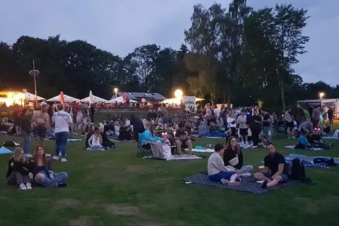 Im Laufe des Abends füllt sich am Heisterberger Weiher die Liegewiese, von der aus das Feuerwerk im Sitzen verfolgt werden kann.