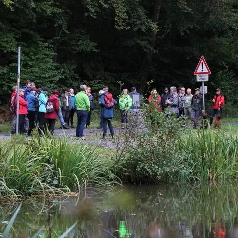 Die Gruppe an der Station "Postraub" am großen Stippbachweiher am neuen Wanderweg "Hörreliches Stippbachtal".