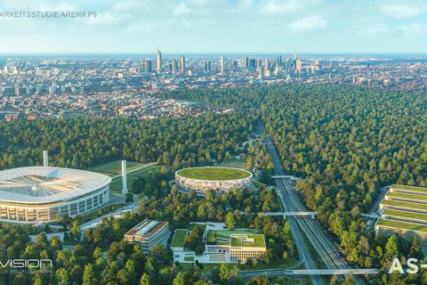 So könnte die Arena (Bildmitte) neben dem Waldstadion (links) aussehen.    Foto: Stadt Frankfurt