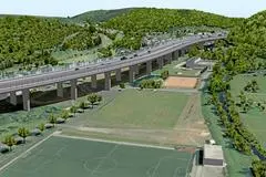 So k&ouml;nnte die neue Sechsheldener Talbr&uuml;cke aussehen. Die Simulation von &bdquo;Hessen-Mobil&ldquo; (bei der noch einige Wohnh&auml;user fehlen) zeigt unter anderem die bis zu 6,50 Meter hohen L&auml;rmschutzw&auml;nde. Die von der B&uuml;rgerinitiative &bdquo;MUT&ldquo; favorisierte Tunnell&ouml;sung f&uuml;hrt &uuml;ber die Rotaschepl&auml;tze des Tennisclubs sowie die hintere linke Ecke des Naturrasenplatzes. Anschlie&szlig;end &bdquo;verschwindet&ldquo; die A 45 rechts im &bdquo;Klangstein&ldquo;.