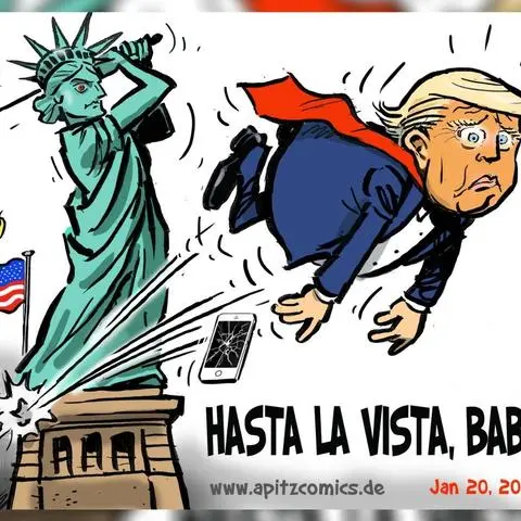Diese Trump-Karikatur hat Michael Apitz am Tag von Joe Bidens Amtseinführung auf seiner Facebookseite gepostet. In wenigen Stunden wurde sie mehrfach geteilt – und dann plötzlich von Facebook gelöscht. Für den Künstler wirft das viele Fragen auf.
