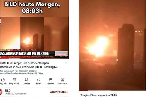 Getäuscht: Bild-TV verbreitete aus Versehen ein altes Foto von einer Explosion in China als Bombeneinschlag in Kiew.  Foto: Screenshot VRM 