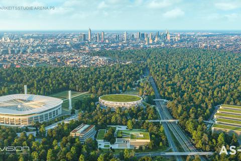 Im Jahr 2025 könnte in direkter Nachbarschaft zum Waldstadion (links) der Bau einer Multifunktionsarena für Sportevents und Konzerte (Mitte) beginnen. Foto: Stadt Frankfurt