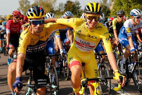 Vorjahressieger Tadej Pogacar und sein slowenischer Landsmann Primoz Roglic (links) gelten wieder als Topfavoriten bei der in Kopenhagen startenden Tour de France.  Foto: dpa 